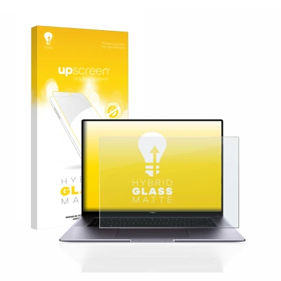 Parte frontal de un envase de producto con el logotipo de la marca upscreen. Al lado se muestra el dispositivo Huawei MateBook