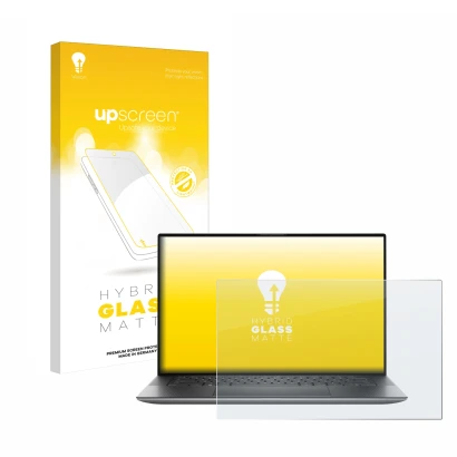 Parte frontal de un envase de producto con el logotipo de la marca upscreen. Al lado se muestra el dispositivo Dell Precision 