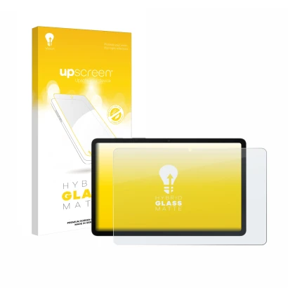 Parte frontal de un envase de producto con el logotipo de la marca upscreen. Al lado se muestra el dispositivo Samsung Galaxy 