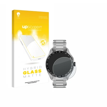 Parte frontal de un envase de producto con el logotipo de la marca upscreen. Al lado se muestra el dispositivo TAG Heuer Conne