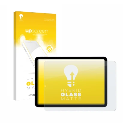 Parte frontal de un envase de producto con el logotipo de la marca upscreen. Al lado se muestra el dispositivo Apple iPad Air 