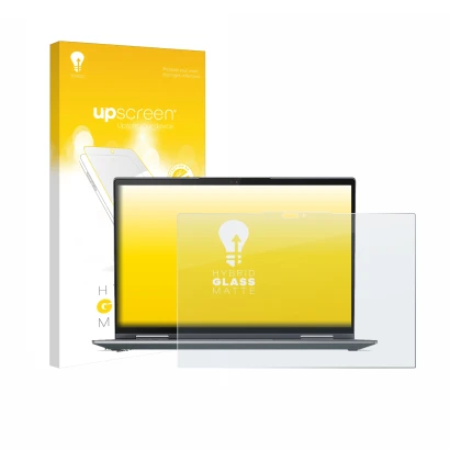 Parte frontal de un envase de producto con el logotipo de la marca upscreen. Al lado se muestra el dispositivo Lenovo ThinkPad