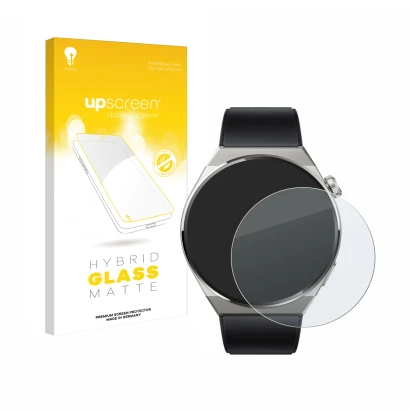 Parte frontal de un envase de producto con el logotipo de la marca upscreen. Al lado se muestra el dispositivo Huawei Watch GT