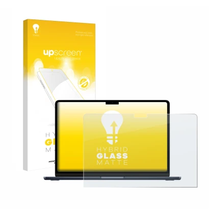 Parte frontal de un envase de producto con el logotipo de la marca upscreen. Al lado se muestra el dispositivo Apple MacBook A