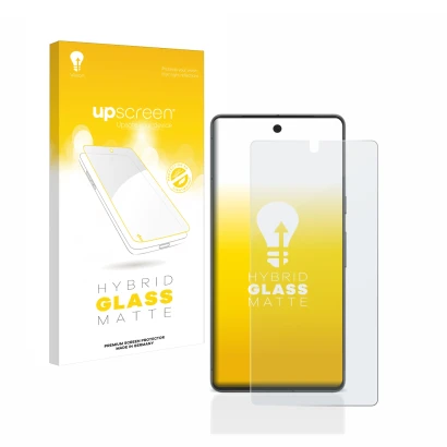 Parte frontal de un envase de producto con el logotipo de la marca upscreen. Al lado se muestra el dispositivo Google Pixel 7 