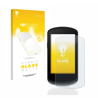 Parte frontal de un envase de producto con el logotipo de la marca upscreen. Al lado se muestra el dispositivo Garmin Edge 104