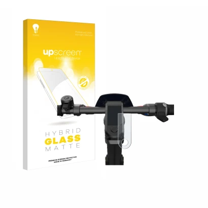 Parte frontal de un envase de producto con el logotipo de la marca upscreen. Al lado se muestra el dispositivo NIU KQi3 Pro co