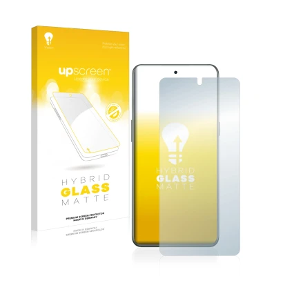 Parte frontal de un envase de producto con el logotipo de la marca upscreen. Al lado se muestra el dispositivo OnePlus 10T 5G 