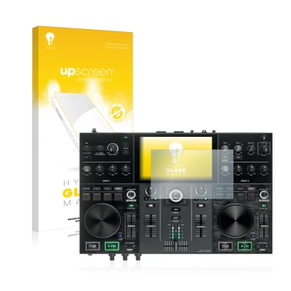 Parte frontal de un envase de producto con el logotipo de la marca upscreen. Al lado se muestra el dispositivo Denon DJ Prime 