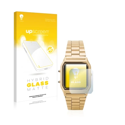 Parte frontal de un envase de producto con el logotipo de la marca upscreen. Al lado se muestra el dispositivo Casio AQ-230GA 