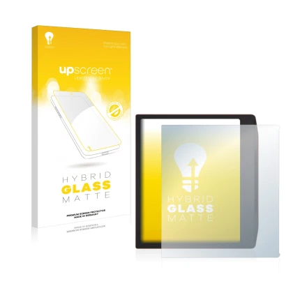 Parte frontal de un envase de producto con el logotipo de la marca upscreen. Al lado se muestra el dispositivo PocketBook Era 