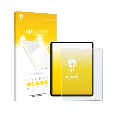 Parte frontal de un envase de producto con el logotipo de la marca upscreen. Al lado se muestra el dispositivo Apple iPad Pro 