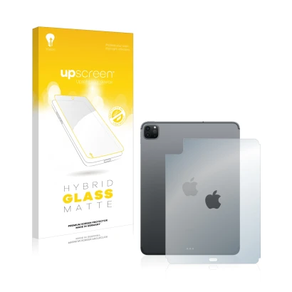 Parte frontal de un envase de producto con el logotipo de la marca upscreen. Al lado se muestra el dispositivo Apple iPad Pro 