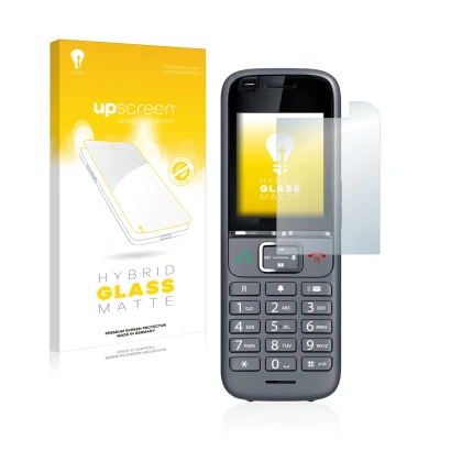 Parte frontal de un envase de producto con el logotipo de la marca upscreen. Al lado se muestra el dispositivo Gigaset S700H P