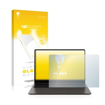 Parte frontal de un envase de producto con el logotipo de la marca upscreen. Al lado se muestra el dispositivo Samsung Galaxy 