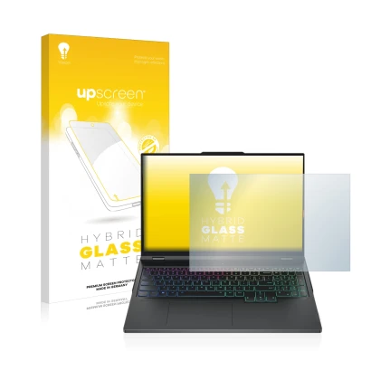 Parte frontal de un envase de producto con el logotipo de la marca upscreen. Al lado se muestra el dispositivo Lenovo Legion P