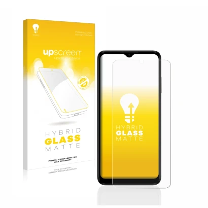 Parte frontal de un envase de producto con el logotipo de la marca upscreen. Al lado se muestra el dispositivo Nokia G22 con s