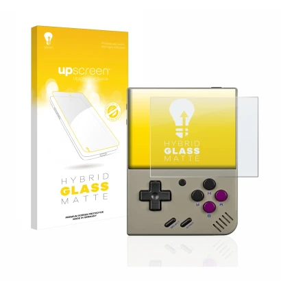 Parte frontal de un envase de producto con el logotipo de la marca upscreen. Al lado se muestra el dispositivo Miyoo Mini Plus