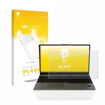 Parte frontal de un envase de producto con el logotipo de la marca upscreen. Al lado se muestra el dispositivo Fujitsu Lifeboo