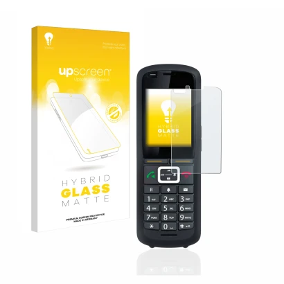 Parte frontal de un envase de producto con el logotipo de la marca upscreen. Al lado se muestra el dispositivo Gigaset R700H P