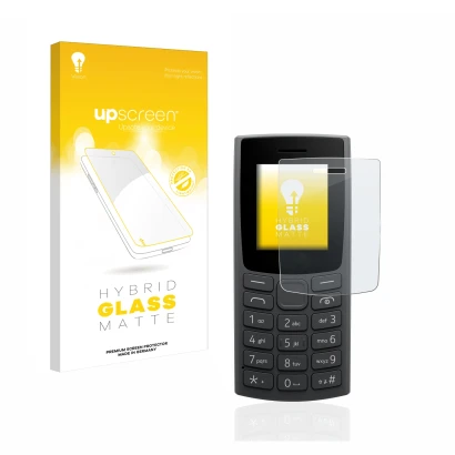 Parte frontal de un envase de producto con el logotipo de la marca upscreen. Al lado se muestra el dispositivo Nokia 105 (2023