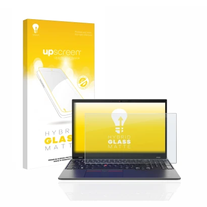 Parte frontal de un envase de producto con el logotipo de la marca upscreen. Al lado se muestra el dispositivo Lenovo ThinkPad