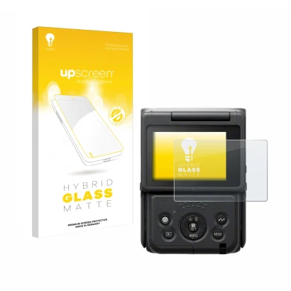 Parte frontal de un envase de producto con el logotipo de la marca upscreen. Al lado se muestra el dispositivo Canon PowerShot