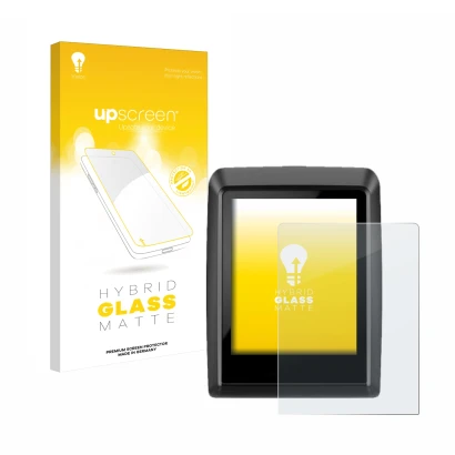 Parte frontal de un envase de producto con el logotipo de la marca upscreen. Al lado se muestra el dispositivo Bosch Kiox 500 