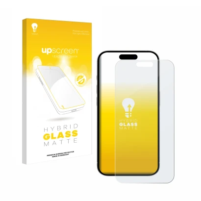 Parte frontal de un envase de producto con el logotipo de la marca upscreen. Al lado se muestra el dispositivo Apple iPhone 15