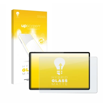 Parte frontal de un envase de producto con el logotipo de la marca upscreen. Al lado se muestra el dispositivo Lenovo Tab Extr