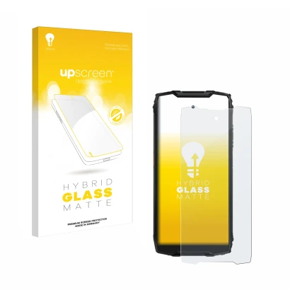 Parte frontal de un envase de producto con el logotipo de la marca upscreen. Al lado se muestra el dispositivo Blackview BV930