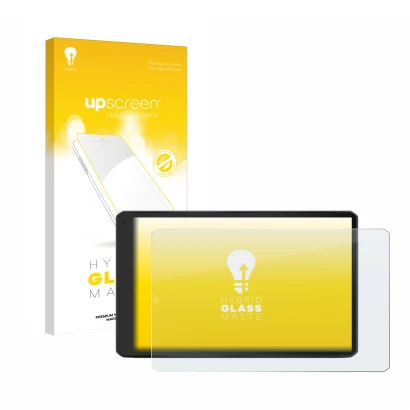 Parte frontal de un envase de producto con el logotipo de la marca upscreen. Al lado se muestra el dispositivo Garmin Camper 1