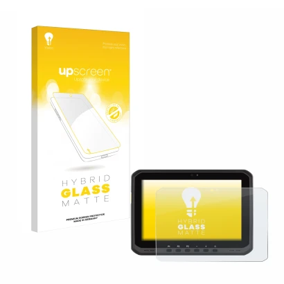 Parte frontal de un envase de producto con el logotipo de la marca upscreen. Al lado se muestra el dispositivo Zebra ET65 con 