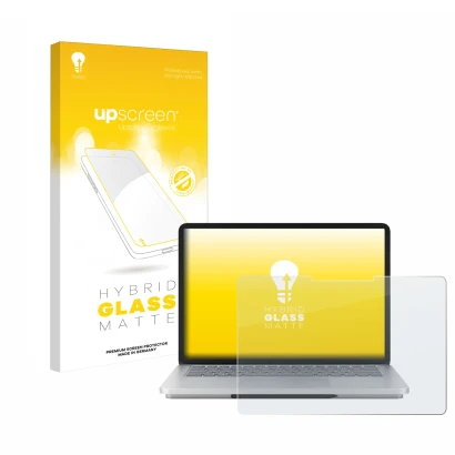 Parte frontal de un envase de producto con el logotipo de la marca upscreen. Al lado se muestra el dispositivo Microsoft Surfa