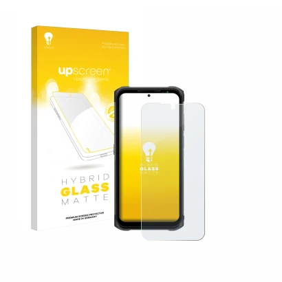 Parte frontal de un envase de producto con el logotipo de la marca upscreen. Al lado se muestra el dispositivo Ulefone Armor 1