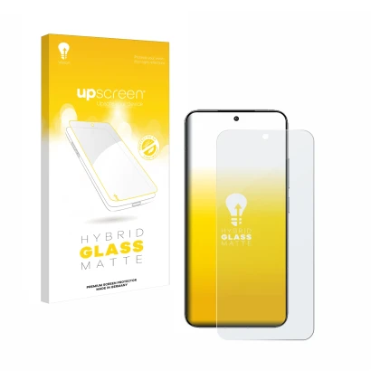 Parte frontal de un envase de producto con el logotipo de la marca upscreen. Al lado se muestra el dispositivo Xiaomi 14 con s