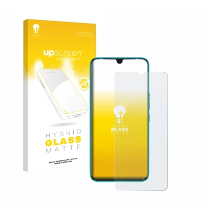 Parte frontal de un envase de producto con el logotipo de la marca upscreen. Al lado se muestra el dispositivo Tecno Spark 7 c