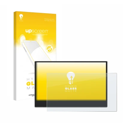 Parte frontal de un envase de producto con el logotipo de la marca upscreen. Al lado se muestra el dispositivo Lenovo L15 (15,