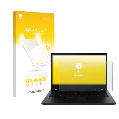 Parte frontal de un envase de producto con el logotipo de la marca upscreen. Al lado se muestra el dispositivo Lenovo ThinkPad