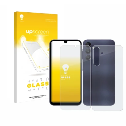 Parte frontal de un envase de producto con el logotipo de la marca upscreen. Al lado se muestra el dispositivo Samsung Galaxy 