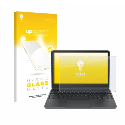 Parte frontal de un envase de producto con el logotipo de la marca upscreen. Al lado se muestra el dispositivo Lenovo 300w Yog