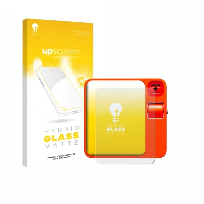 Parte frontal de un envase de producto con el logotipo de la marca upscreen. Al lado se muestra el dispositivo rabbit r1 con s