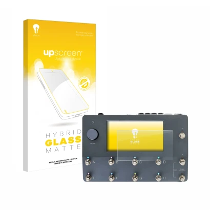 Parte frontal de un envase de producto con el logotipo de la marca upscreen. Al lado se muestra el dispositivo Neural DSP Quad