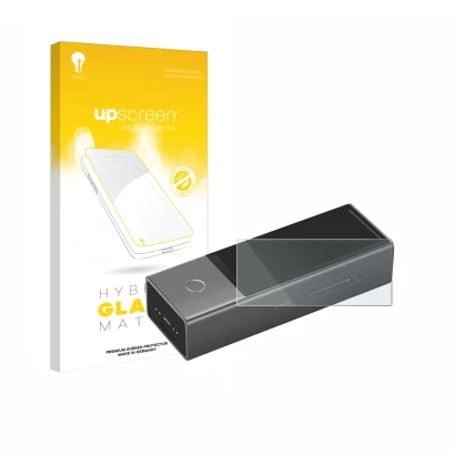 Parte frontal de un envase de producto con el logotipo de la marca upscreen. Al lado se muestra el dispositivo Timekettle X1 c