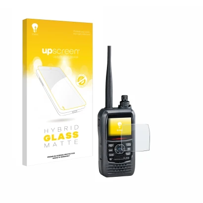 Parte frontal de un envase de producto con el logotipo de la marca upscreen. Al lado se muestra el dispositivo Icom IC-R15 con