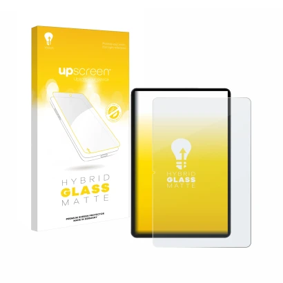 Parte frontal de un envase de producto con el logotipo de la marca upscreen. Al lado se muestra el dispositivo Honor Pad 9 con