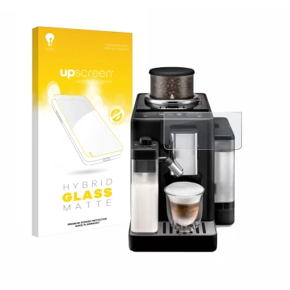 Parte frontal de un envase de producto con el logotipo de la marca upscreen. Al lado se muestra el dispositivo DeLonghi Riveli