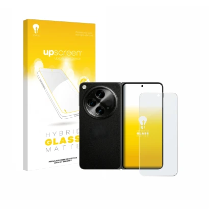 Parte frontal de un envase de producto con el logotipo de la marca upscreen. Al lado se muestra el dispositivo OnePlus Open (c