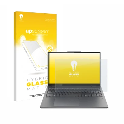 Parte frontal de un envase de producto con el logotipo de la marca upscreen. Al lado se muestra el dispositivo Lenovo Yoga 7i 