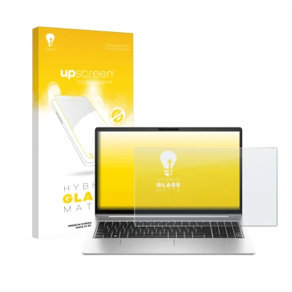 Parte frontal de un envase de producto con el logotipo de la marca upscreen. Al lado se muestra el dispositivo HP EliteBook 64